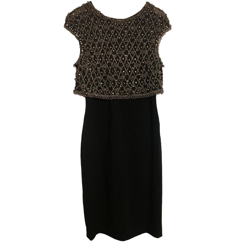 Pamella Roland Black Beaded Embellished Sheath Cocktail Dress Sleeveless 16 $695
